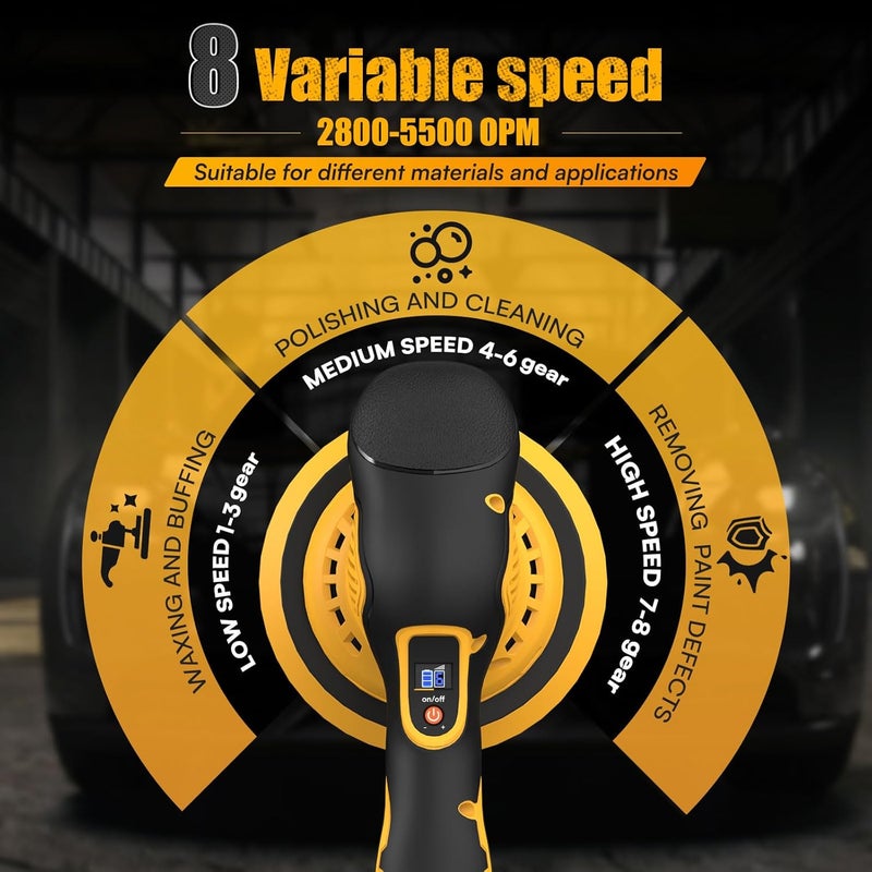 DEVTBLUN Cordless Car Buffer Polisher Kit for Dewalt 20V Battery(NO Battery),6 In Brushless Dual Action Random Polishing Machine , 8 Variable Speed 5500RPM, Orbital Polisher for Car Detailing,14Pcs Accessories - Image 4